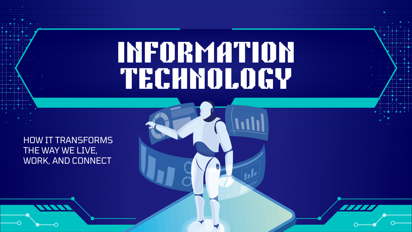 Diagram showing how information technology works: input, processing, storage, output, communication, security, feedback loop